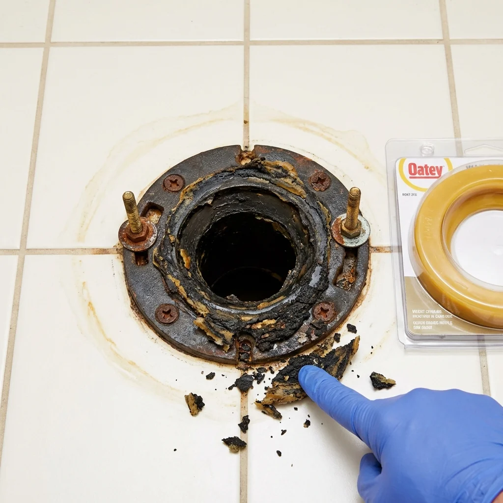 Failed wax ring showing water seepage at the base of a toilet in a Kenilworth, IL home