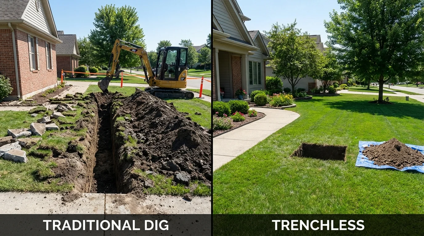 Trenchless sewer repair with minimal yard damage versus traditional excavation in Kenilworth, IL