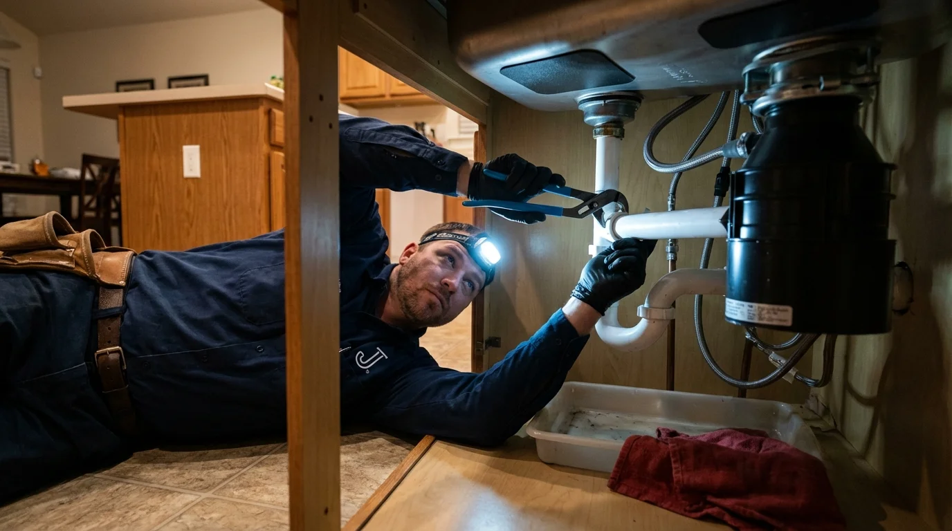 P-trap and supply line connections under a kitchen sink showing a common leak point in Kenilworth, IL